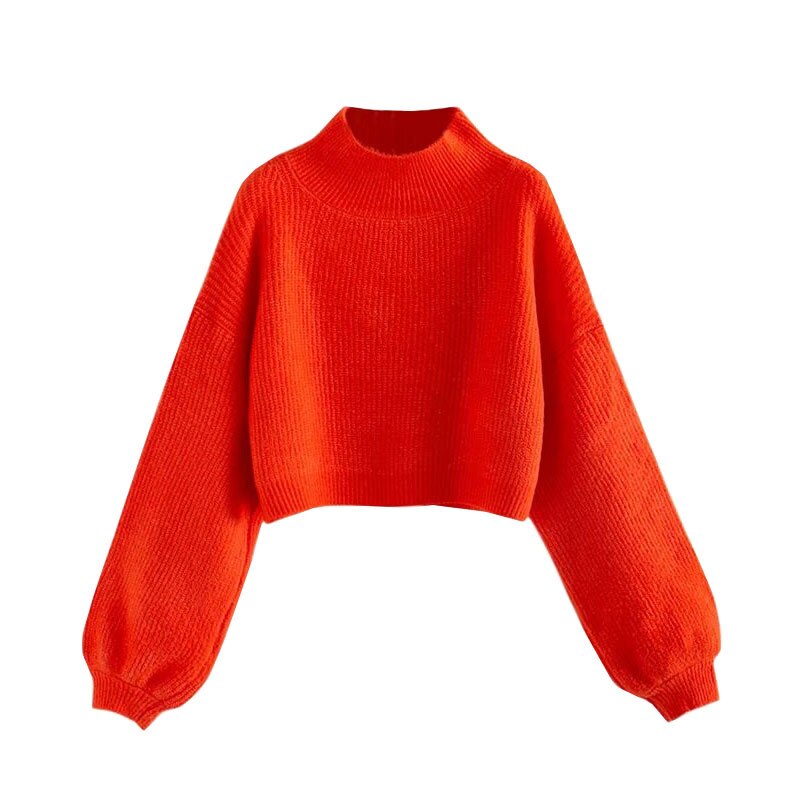 여성용 터틀넥 스웨터, 단색 랜턴 소매, 짧은 풀오버, 캐주얼 따뜻한 두꺼운 니트 셔츠, 가을 겨울